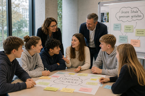 Schuelerinnen und Schueler diskutieren ihre Ideen fuer die Schulentwicklung
