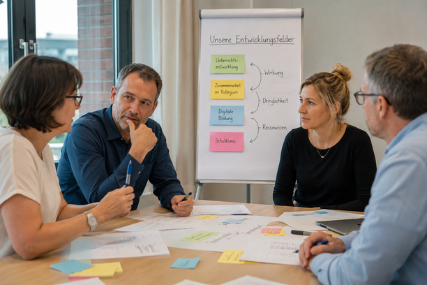 Lehrpersonen in einem Workshop zur Schulentwicklung an Tischen im Austausch