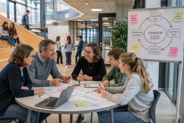 Schulleitung und Lehrpersonen diskutieren ueber langfristige Schulveraenderungen