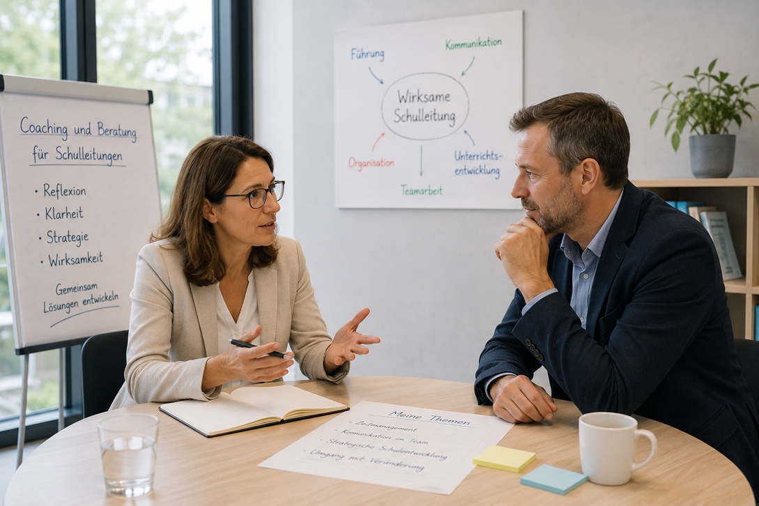 Schulleitung im Gespräch mit einer externen Beraterin im Büro