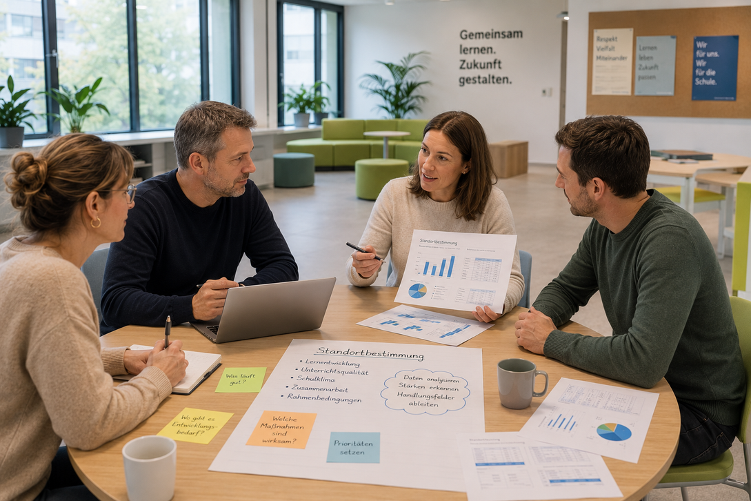 Team wertet gemeinsam Daten zur Schulentwicklung an einem Tisch aus