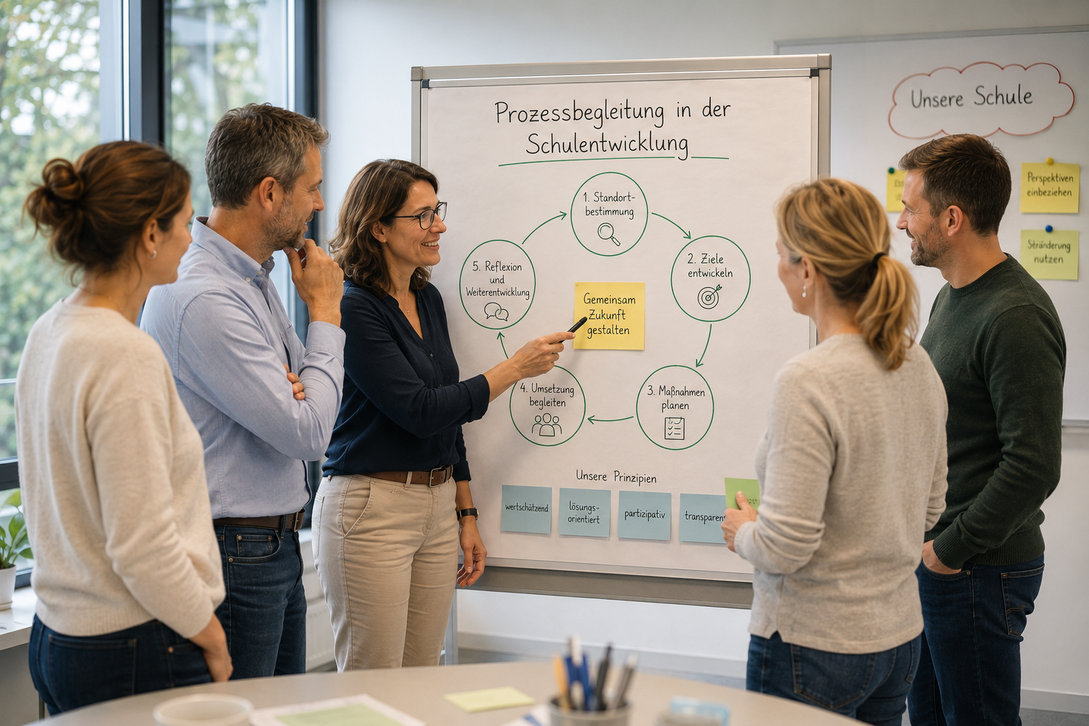 Lehrpersonen sitzen in einem Schulzimmer und planen gemeinsam die Schulentwicklung