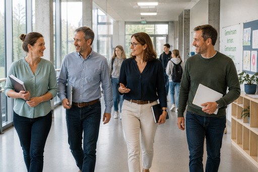 Schulleitungsteam im Austausch ueber Gesundheit und Zusammenarbeit